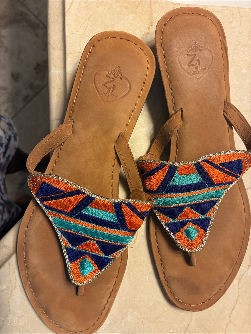 Brown Embroidered Triangle Toe-Post Sandals with Blue & Orange Accents
